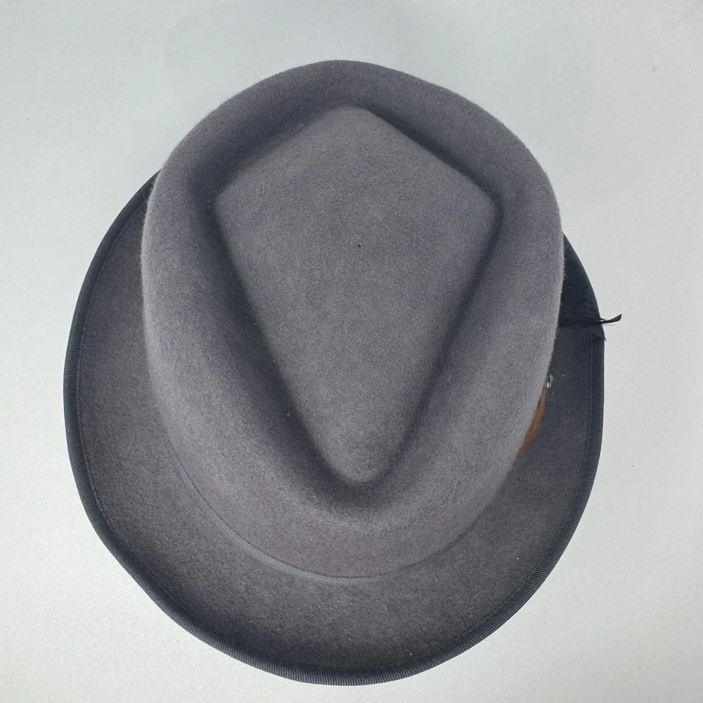 Milani Mens XL Grey 100% Wool Fedora Hat with Feather Detail and Grosgrain Band